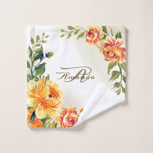 Monogramme Nom Orange Jaune Floral Feuillage Moder (Gant de toilette)