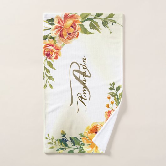 Monogramme Nom Orange Jaune Floral Verdure Moderne (Serviette à main)