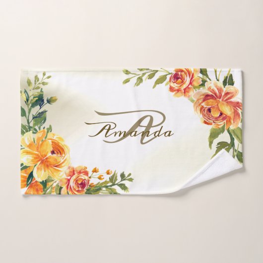 Monogramme Nom Orange Jaune Floral Verdure Moderne (Serviette à main)
