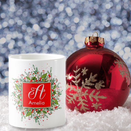 Monogramme nouvelle année Noël Vert Rouge café Mug