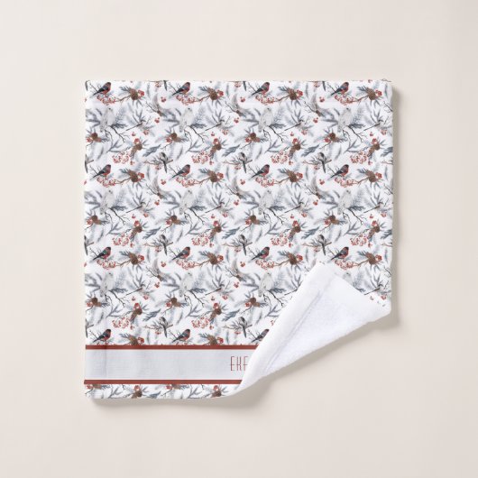 Monogramme Oiseau Blanc Gris Argent Branche Baies  (Gant de toilette)