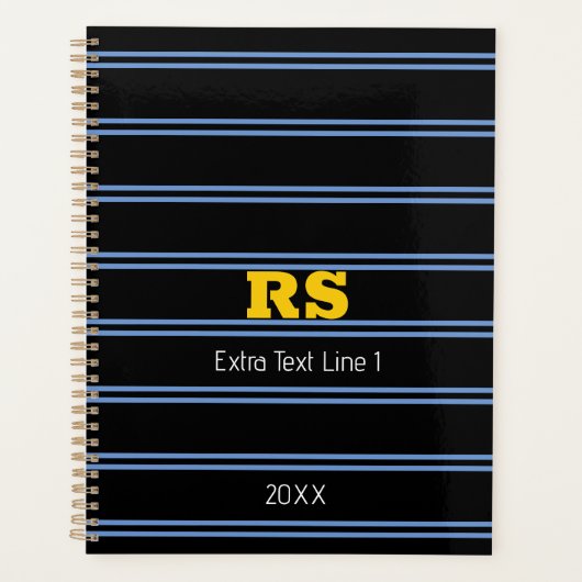 Monogramme Or Gras, Nom, Lignes Bleues sur Noir (Devant)