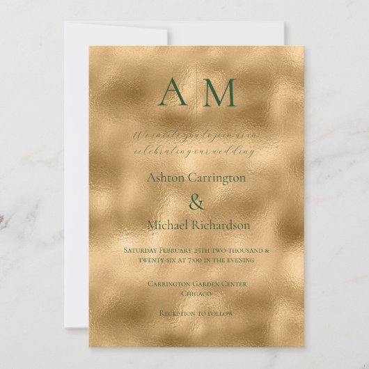 Monogramme or vert Faire-part de mariage moderne (Devant)
