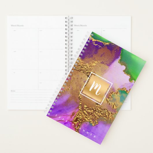 Monogramme or violet vert agate aquarelle chic (Devant avec enveloppe)