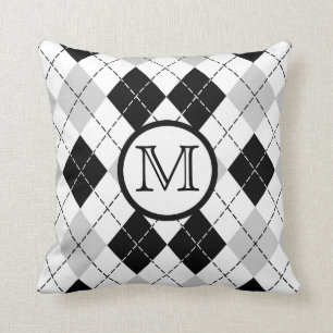Monogramme Oreiller noir blanc et gris Jacquard