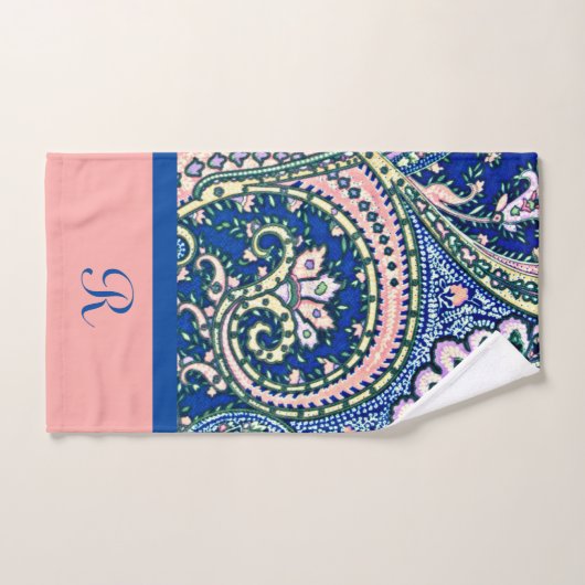 Monogramme Paisson bleu Sage vert rose pâle (Serviette à main)