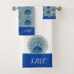 Monogramme Paon Bleu Turquoise et Blanc Monogramme