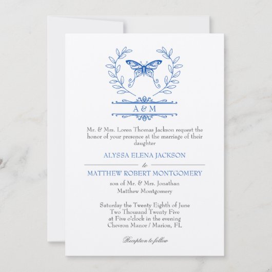 Monogramme papillon bleu Faire-part de mariage off (Devant)