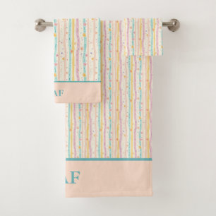 Monogramme Pastel Fleurs et Rayures Rose Turquoise