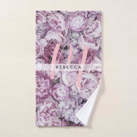 Monogramme Peony Roses Floral Pink Script (Serviette à main)