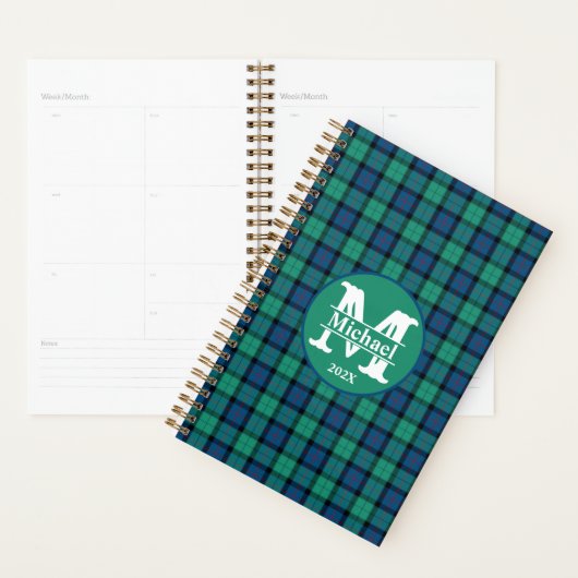 Monogramme personnalisé bleu et vert plaid (Devant avec enveloppe)