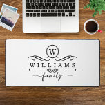Monogramme personnalisé Nom de famille noir Script<br><div class="desc">Monogram Custom Family Name Black Script Desk Mats possède un monogramme et un nom de famille personnalisé dans une élégante typographie de script noir. Un cadeau parfait pour la famille et les amis pour l'anniversaire, Noël, Fête des pères, Fête des Mères, Grands-parents, femme, mari, maman, papa et plus. Conçu par...</div>