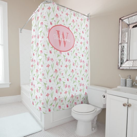 Monogramme personnalisé Rideau Douche Fleurs roses (En situation)