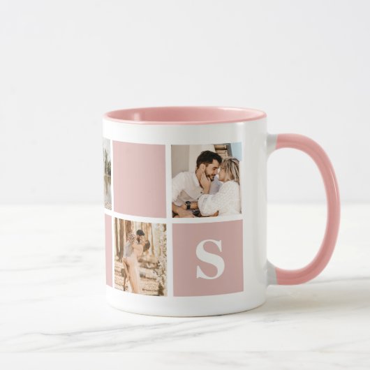 Monogramme photo en rose et blanc personnalisé Mug (Droite)