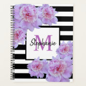 Monogramme Pink Peony Flower Black Stripe pourpre (Devant)