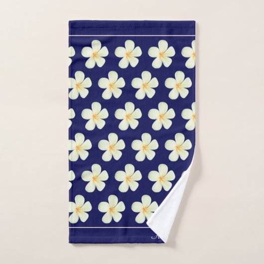 Monogramme & Plumeria blanche Fleurs sur bleu mari (Serviette à main)