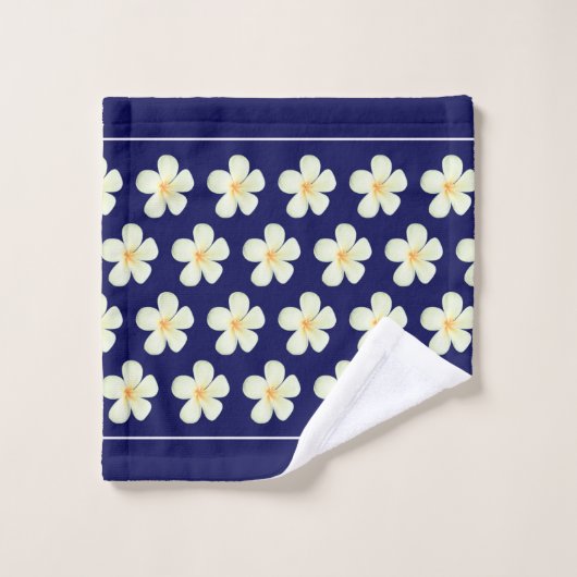 Monogramme & Plumeria blanche Fleurs sur bleu mari (Gant de toilette)
