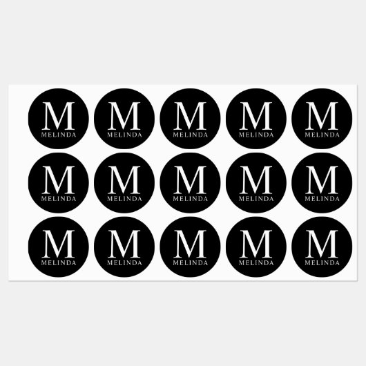 Monogramme professionnel et nom Étiquette noir (Feuille)