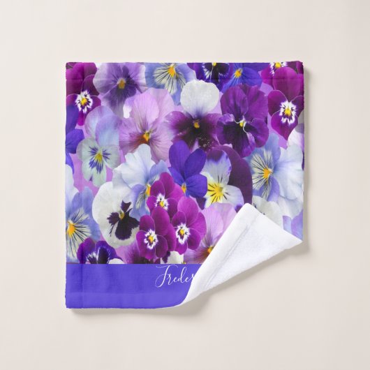 Monogramme Purple Bleu Blanc Floral Pansy Fleurs (Gant de toilette)