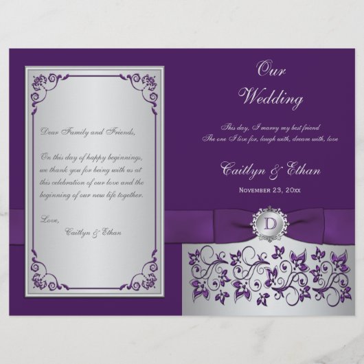 Monogramme Purple, Silver Floral Wedding Programme (Devant)