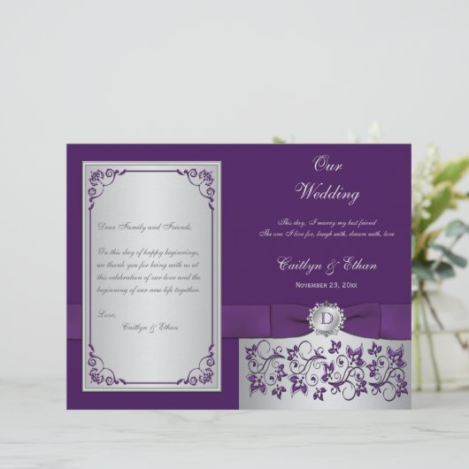 Monogramme Purple, Silver Floral Wedding Programme (Debout devant)