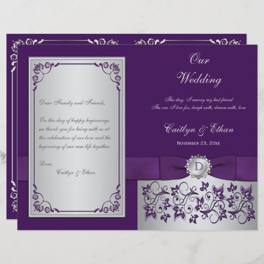 Monogramme Purple, Silver Floral Wedding Programme (Devant / Derrière)