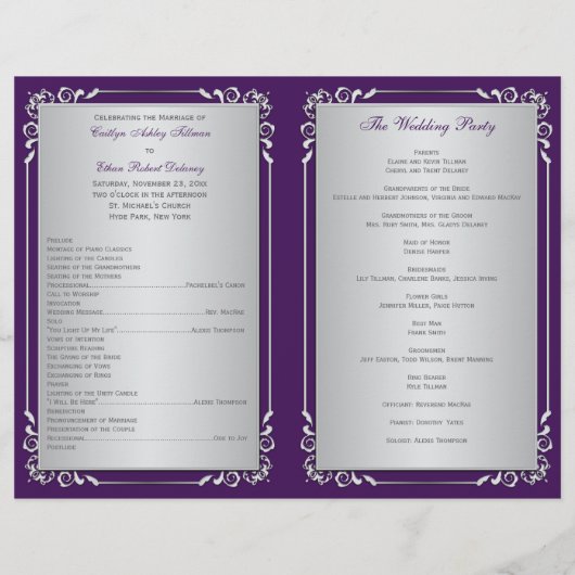 Monogramme Purple, Silver Floral Wedding Programme (Dos)