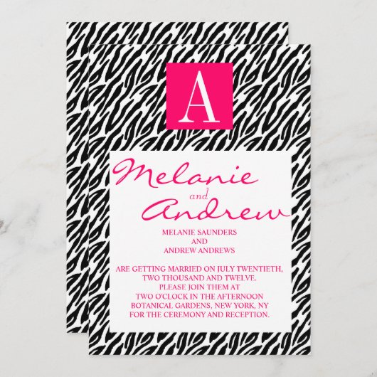 Monogramme rose A Zebra Stripes Invitations De Mar (Devant / Derrière)