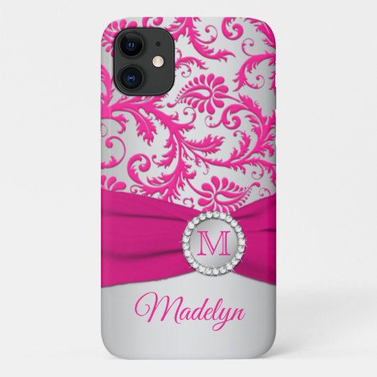 Monogramme rose, Argent Damask iPhone 11 coque (Dos)