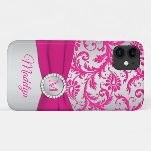 Monogramme rose, Argent Damask iPhone 11 coque (Dos (Horizontal))
