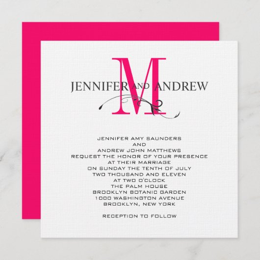 Monogramme rose chaud et Faire-part de mariage de  (Devant / Derrière)