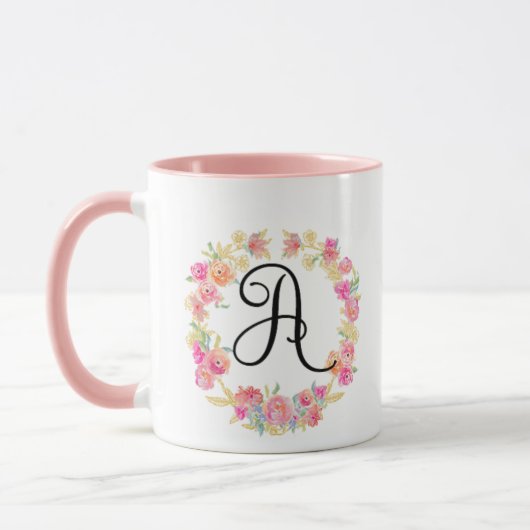 Monogramme Rose Cute (A) Mug Flower Wreath (Gauche)