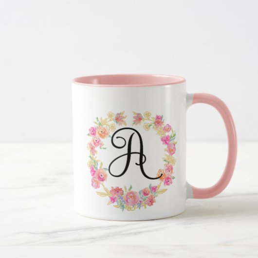 Monogramme Rose Cute (A) Mug Flower Wreath (Droite)