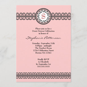 Monogramme rose dentelle noire Sweet 16 Invitation