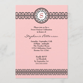 Monogramme rose dentelle noire Sweet 16 Invitation