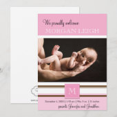 Monogramme rose et Brown fille Faire-part bébé (Devant / Derrière)
