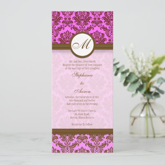 Monogramme rose et marron Damask Faire-part de mar (Debout devant)
