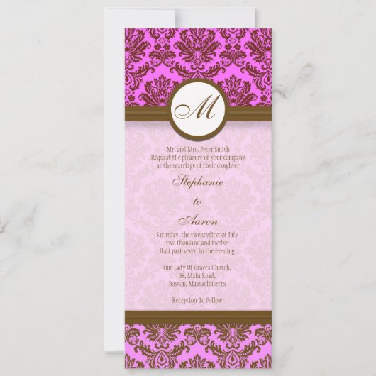 Monogramme rose et marron Damask Faire-part de mar (Devant)