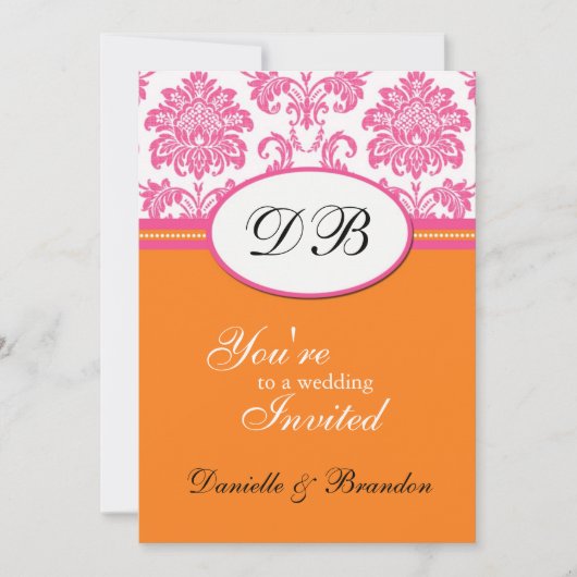 Monogramme rose et orange Damask Faire-part de mar (Devant)