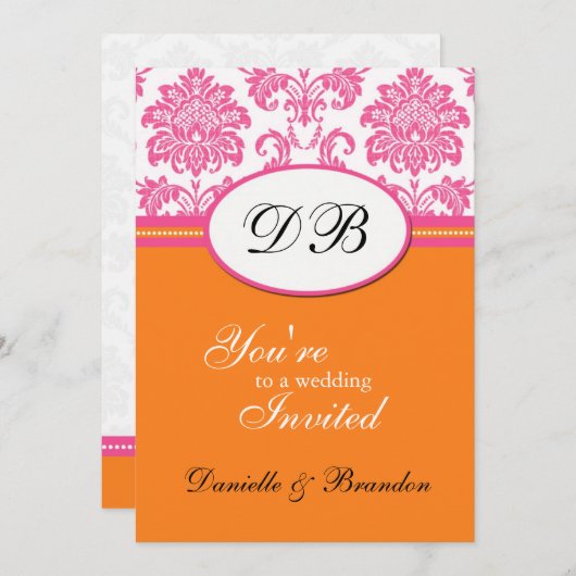 Monogramme rose et orange Damask Faire-part de mar (Devant / Derrière)