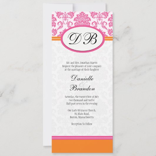 Monogramme rose et orange damassé Faire-part de ma (Devant)