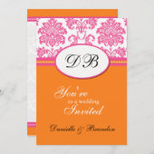 Monogramme rose et orange damassé Faire-part de ma (Devant / Derrière)