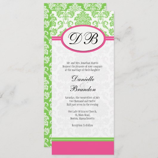 Monogramme rose et vert damassé Faire-part de mari (Devant / Derrière)