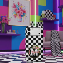 Monogramme rose Fleur noir et blanc À damiers