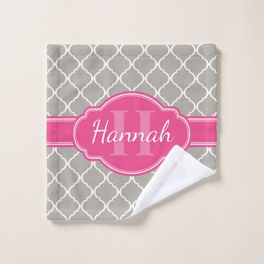 Monogramme rose Motif en lattice blanc gris (Gant de toilette)