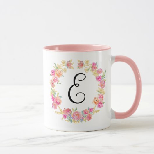 Monogramme rose mou (E) Fleur Flower Wreath Mug (Droite)