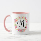 Monogramme rose mou (M) Fleur Flower Wreath Mug (Gauche)