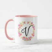Monogramme rose mou (V) Fleur Flower Wreath Mug (Gauche)