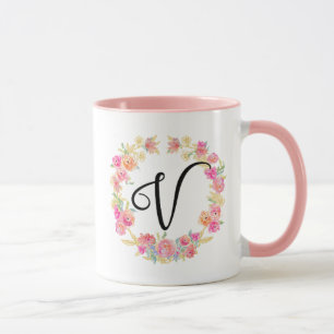 Monogramme rose mou (V) Fleur Flower Wreath Mug
