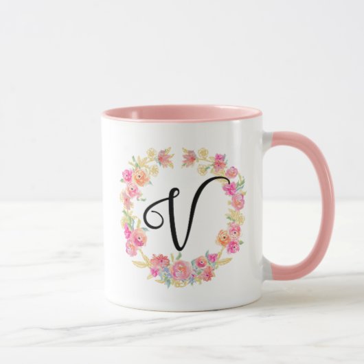 Monogramme rose mou (V) Fleur Flower Wreath Mug (Droite)